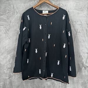 Vintage Quacker Factory Easter Sweater Womens 1X Black Bunny Embroidered Ramie‎